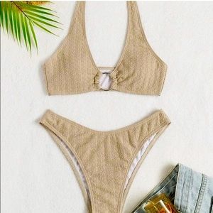 Shein Textured Beige Khaki Jacquard Ring Halter Two Piece Bikini Swim Suit New